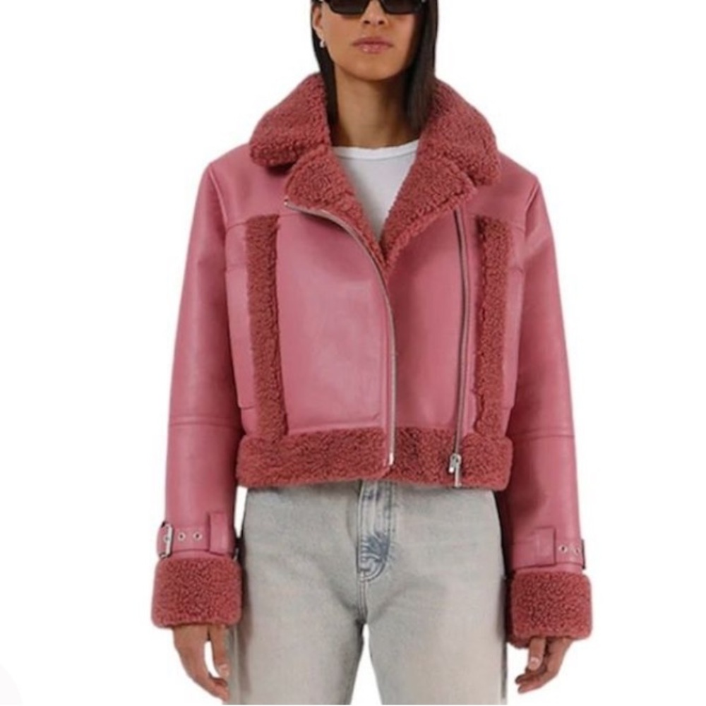 NEW APPARIS jay faux leather biker jacket in dusty rose (pink, xl)